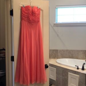 Strapless coral bridesmaids dress